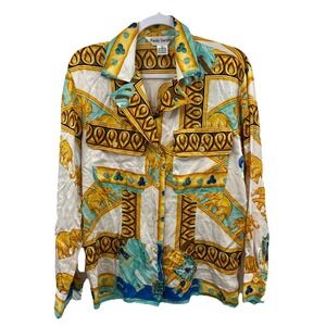 Vintage Paolo Santini 100% silk‎ button-down blouse elephant gold-tone belt 12